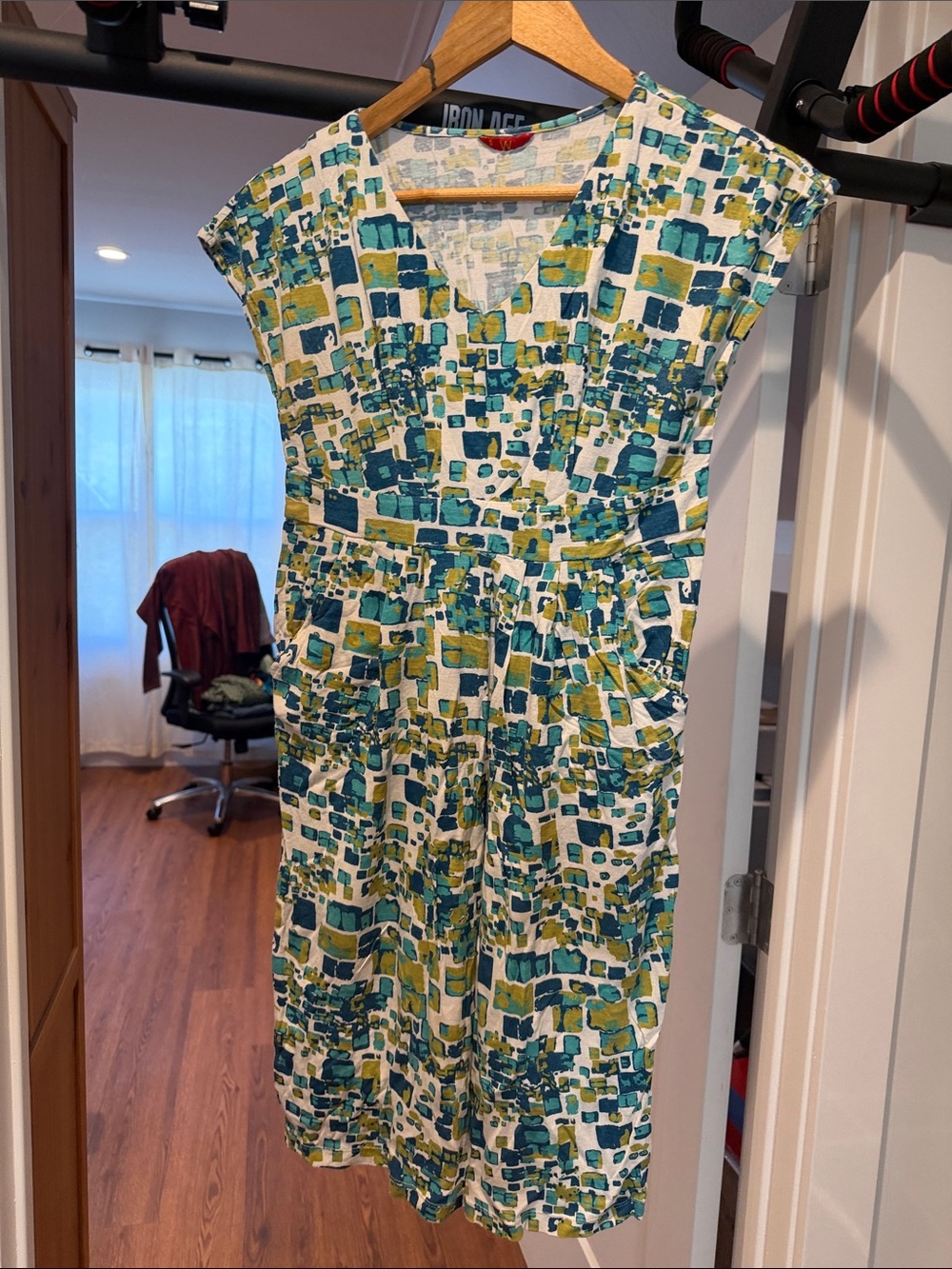 Printed V-Neck Midi Dress in Teal, Green & Yellow